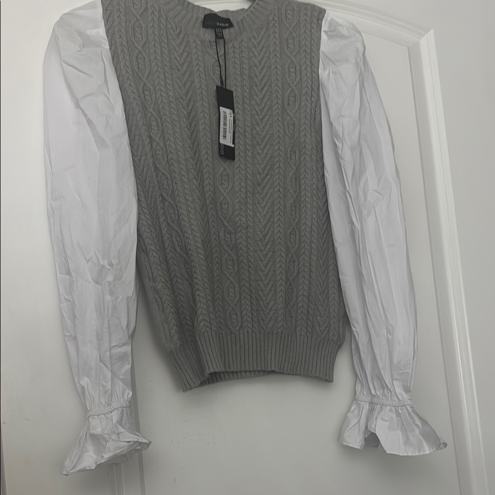 Gray Cable Knit Sweater with White Sleeves